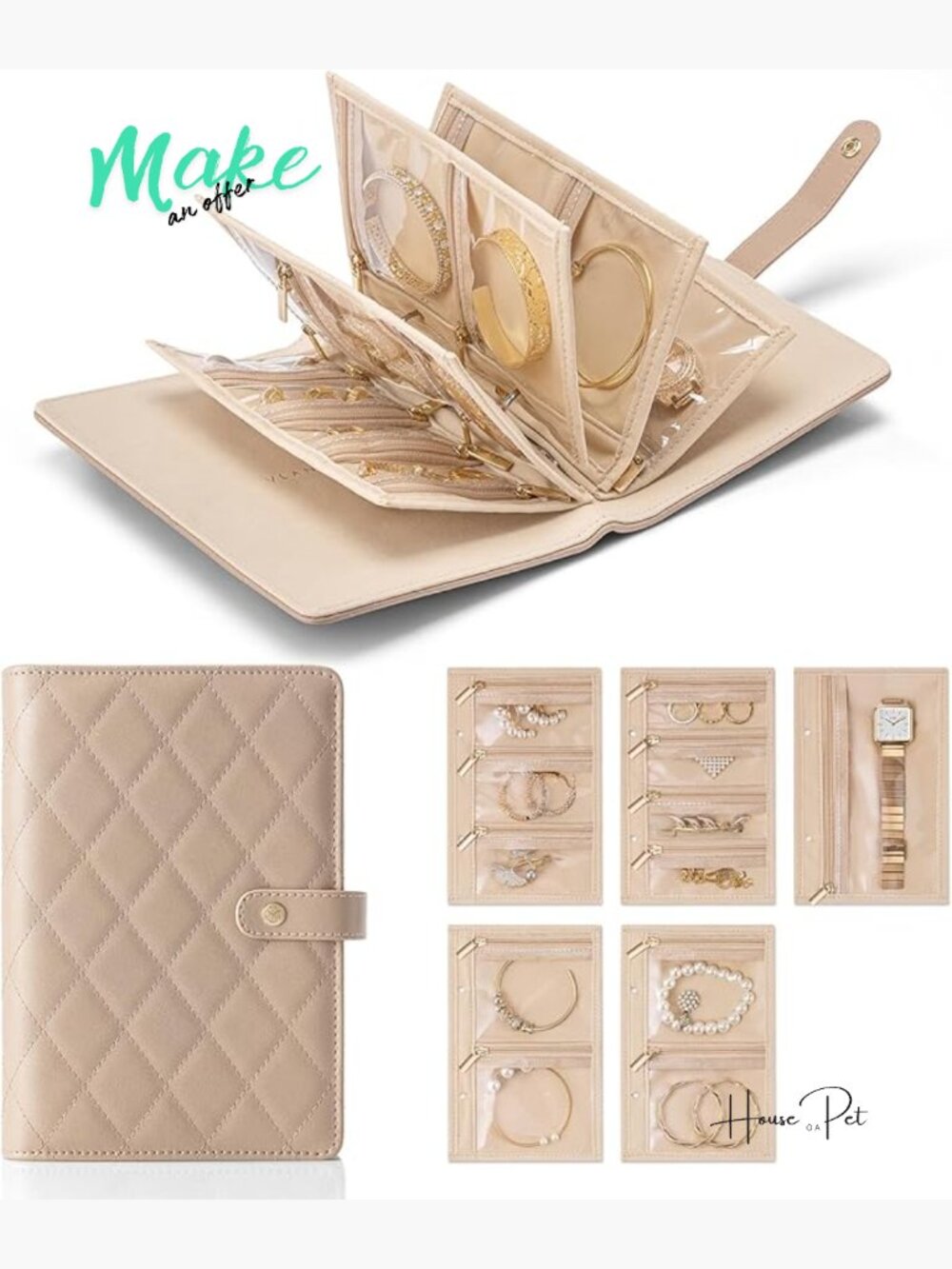 Travel Jewelry Organizer Book with Faux Leather, Velvet, Zipper Pockets for